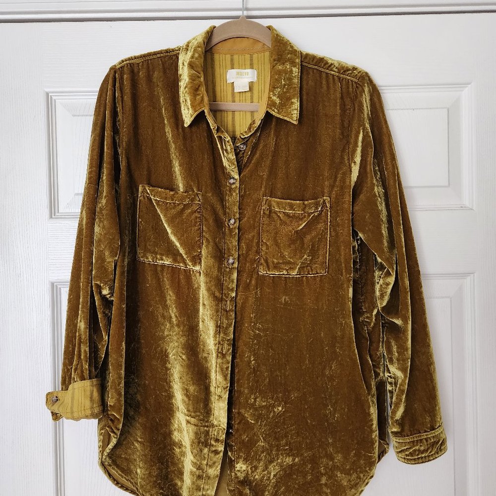 Anthropologie MAEVE Gold - Green Velvet Button Down Long Sleeve Shirt.